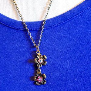 18" Bronze Rhinestone Flower Drop Pendant Necklace